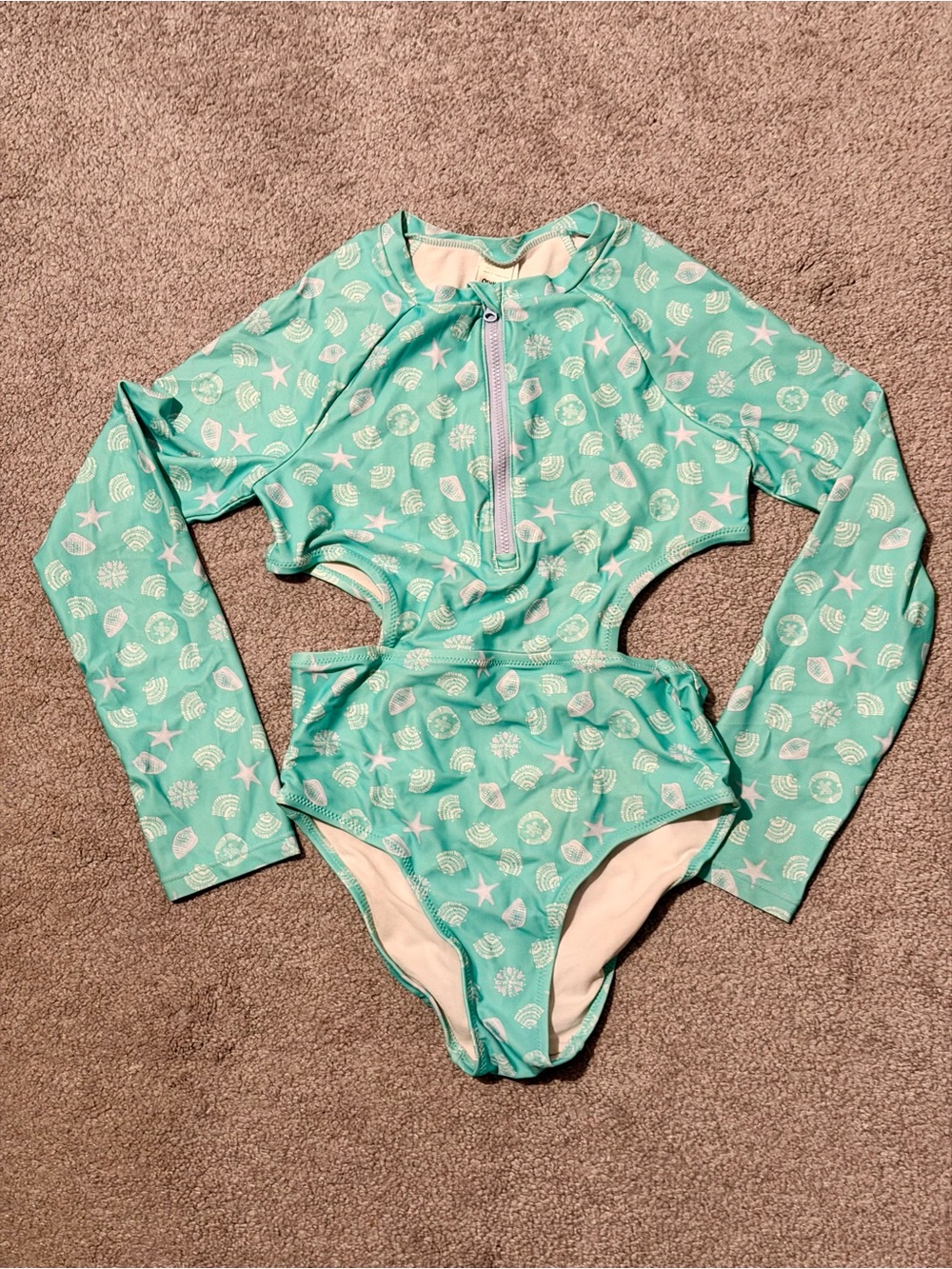 Osh Kosh Long Sleeve Cutout One-Piece Swimsuit in Aqua Seashell Print - Girls 12